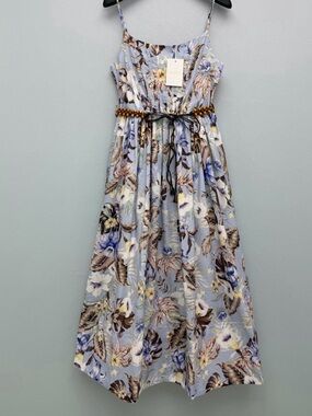 Zimmermann Light Blue Floral Midi Dress with Beaded Waist